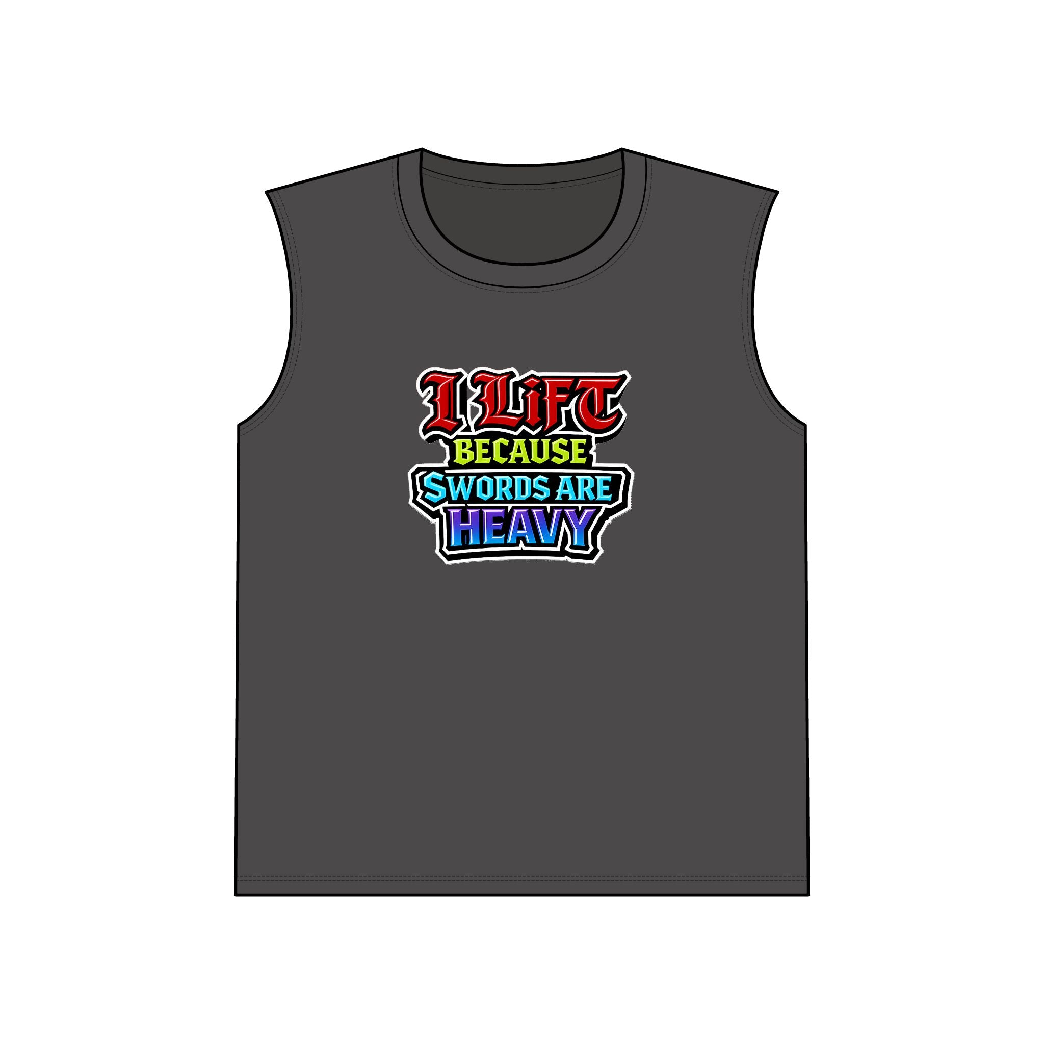 Gray tank top with colorful text design on a white background