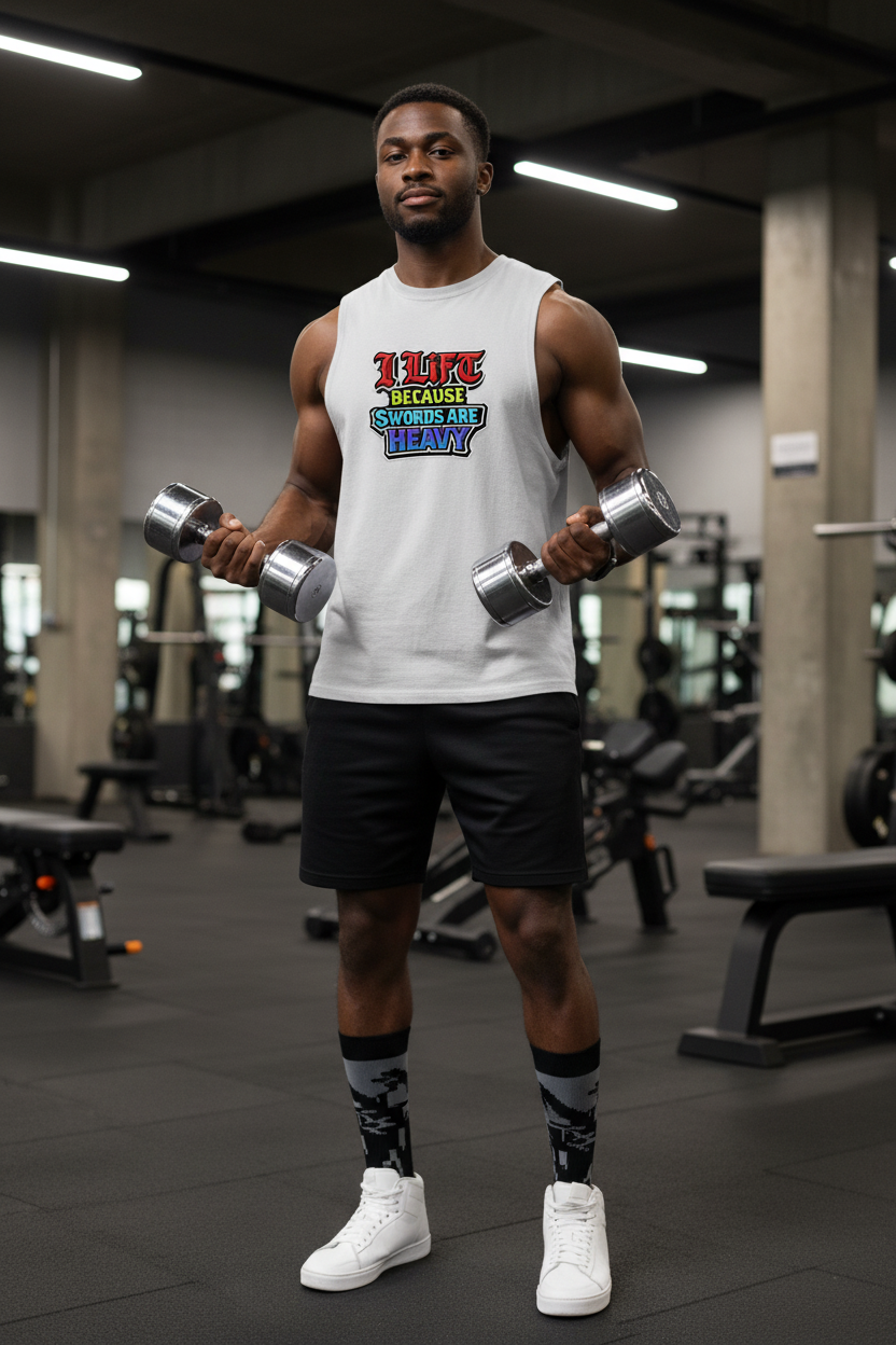 I Lift Because Swords Are Heavy Sleeveless Tee — Fantasy Workout Muscle Tank