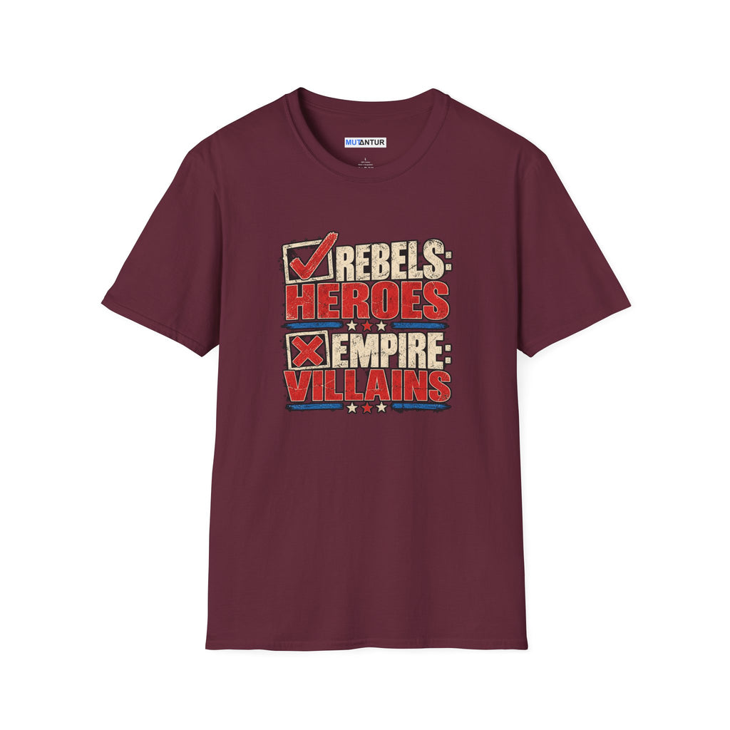 A maroon short-sleeve t-shirt with a graphic print on the front reading 'REBELS HEROES EMPIRE VILLAINS' in red, white, and blue, displayed on a solid white background.