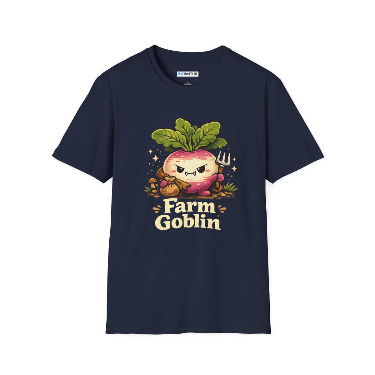 Grumpy Turnip Farm Goblin graphic tee in navy, front view flat mockup