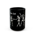 A black ceramic mug featuring white printed graphics of three dancing skeletons and the gothic-style text 'Bone Jovi' on the side, set against a plain white background.