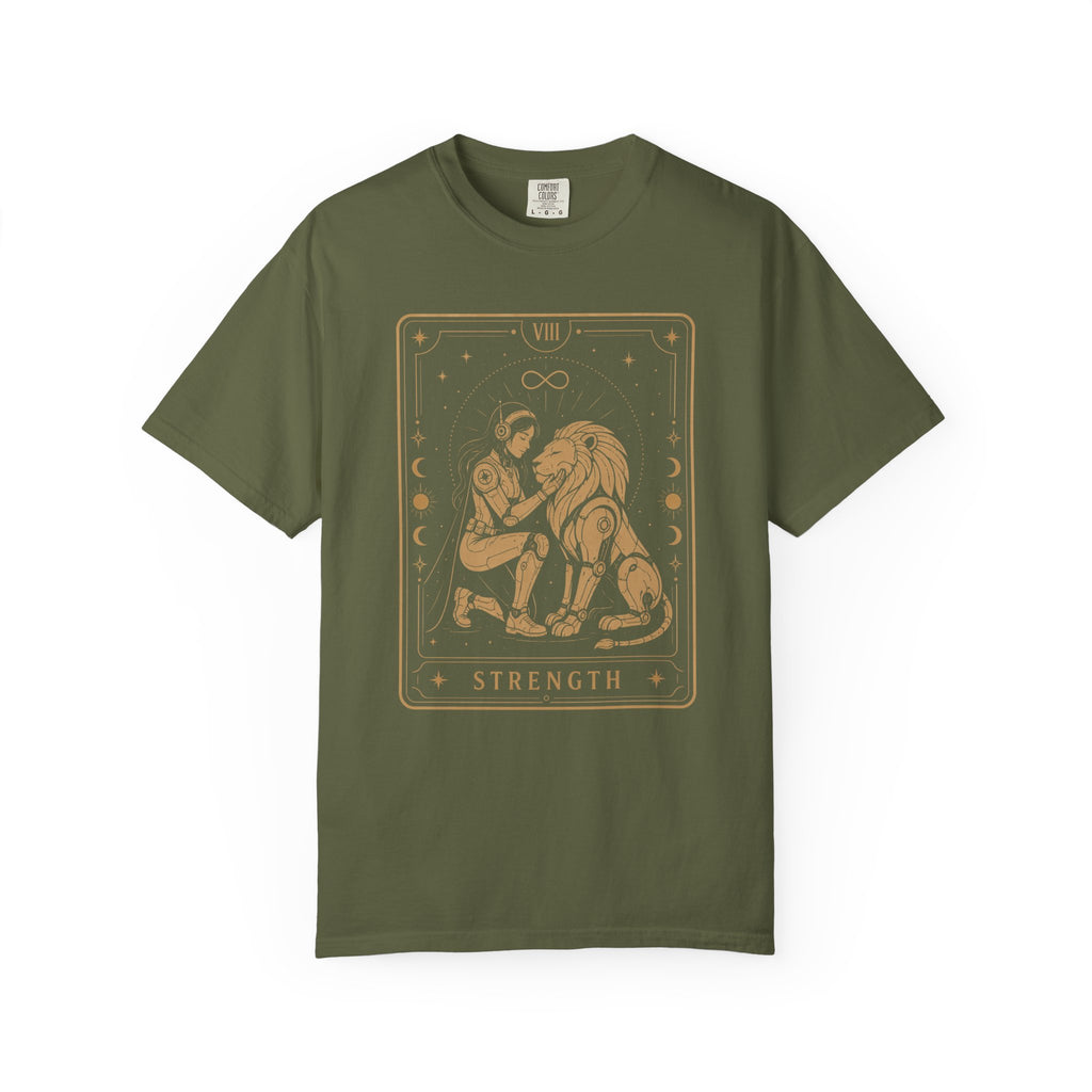 A green t-shirt featuring Strength from the Future Arcana collection, inspired by the Strength tarot card. A futuristic figure stands confidently beside a majestic cosmic lion, framed by elegant Art Deco celestial details in gold line art on a transparent background.