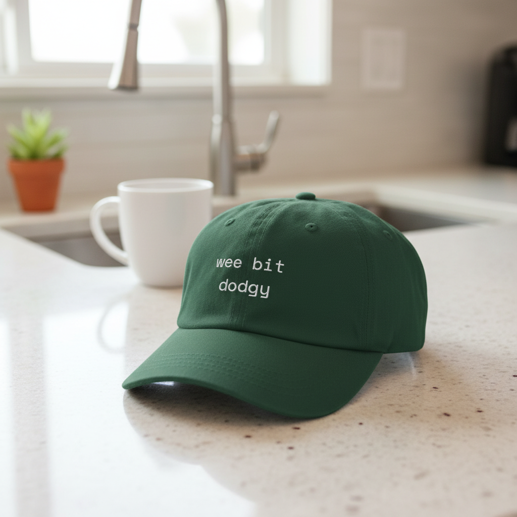 Wee Bit Dodgy funny embroidered dad cap, front view