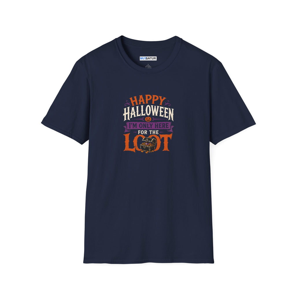 Blue Short sleeved t shirt with colorful Happy Halloween I'm Only Here for The Look