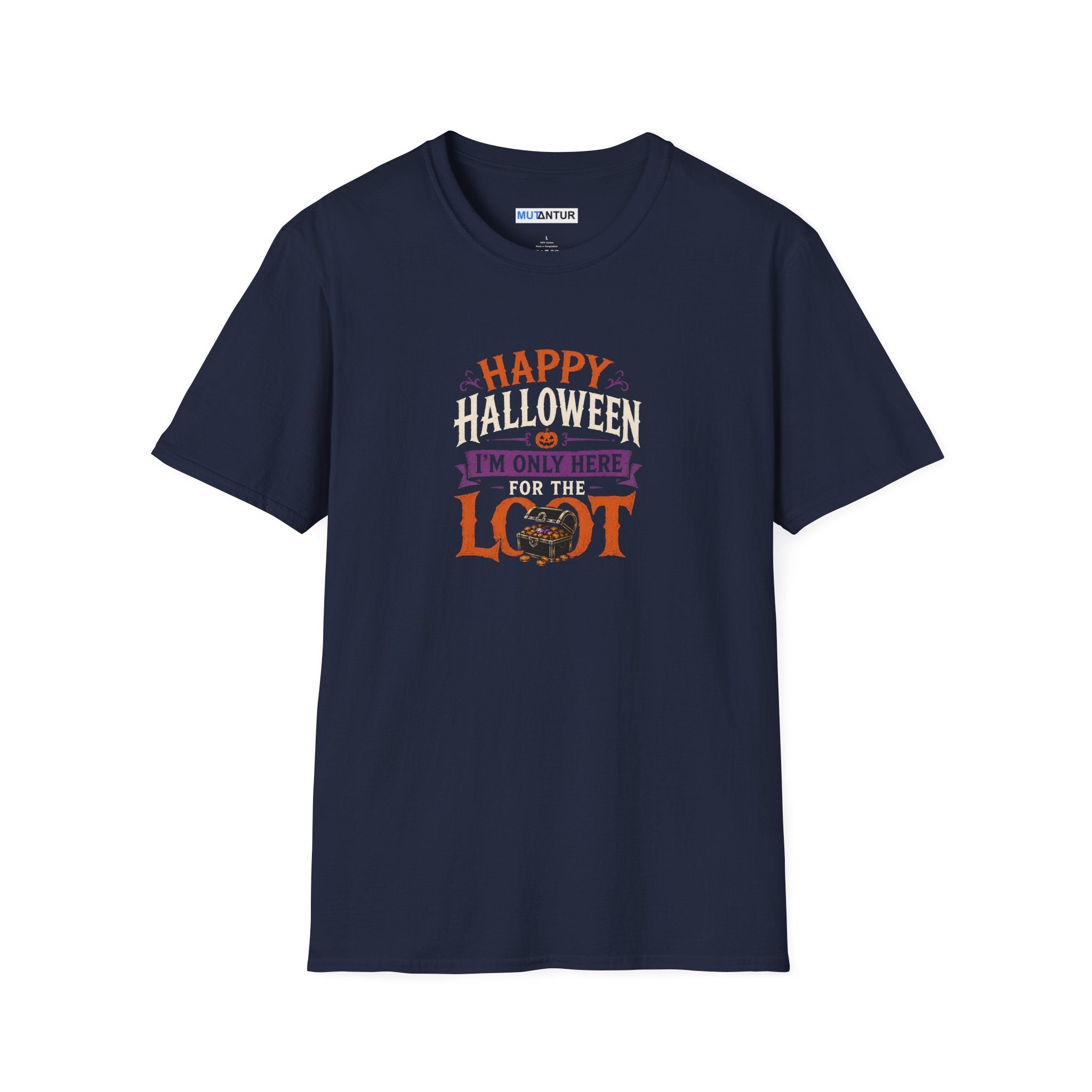 Blue Short sleeved t shirt with colorful Happy Halloween I'm Only Here for The Look