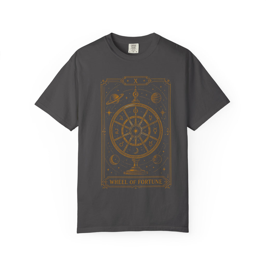 a gray Comfort Colors t-shirt featuring Wheel of Fortune from the Future Arcana collection, inspired by the Wheel of Fortune tarot card. A celestial cosmic wheel surrounded by stars and planets is illustrated in elegant retro sci-fi gold line art within an Art Deco tarot frame on a transparent background.
