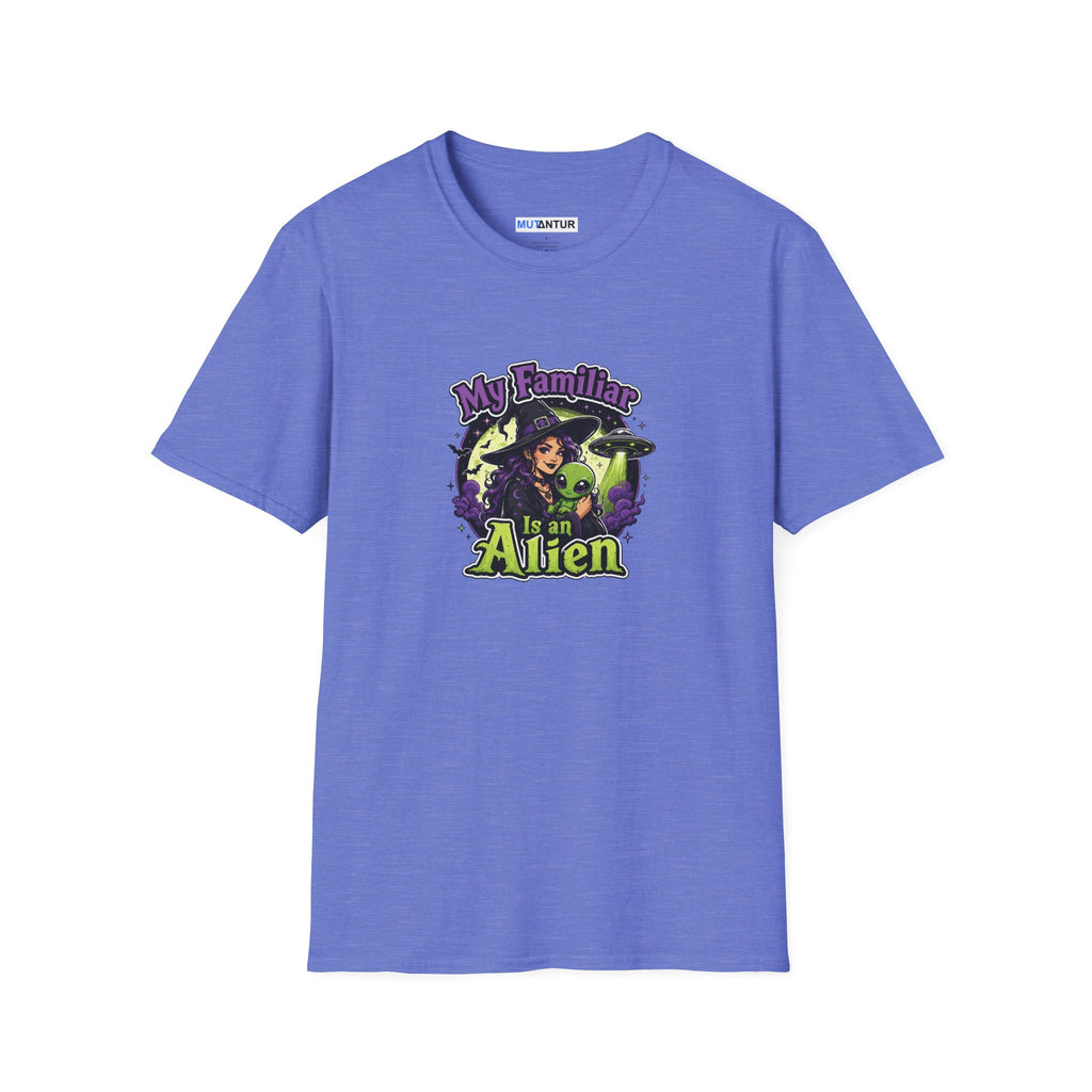 A blue short-sleeve t-shirt with a colorful graphic on the chest that reads 'My Family is an Alien' featuring a witch and green aliens
