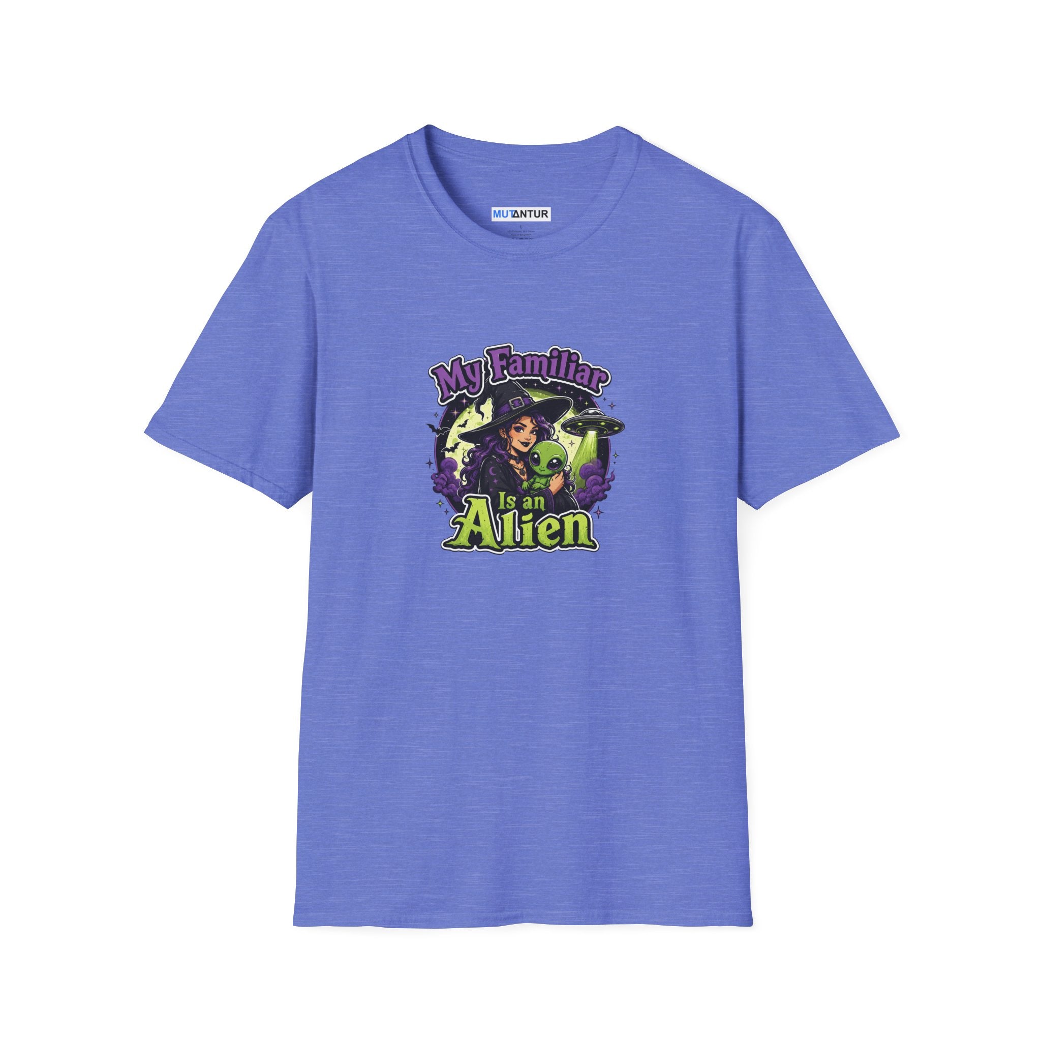 A blue short-sleeve t-shirt with a colorful graphic on the chest that reads 'My Family is an Alien' featuring a witch and green aliens