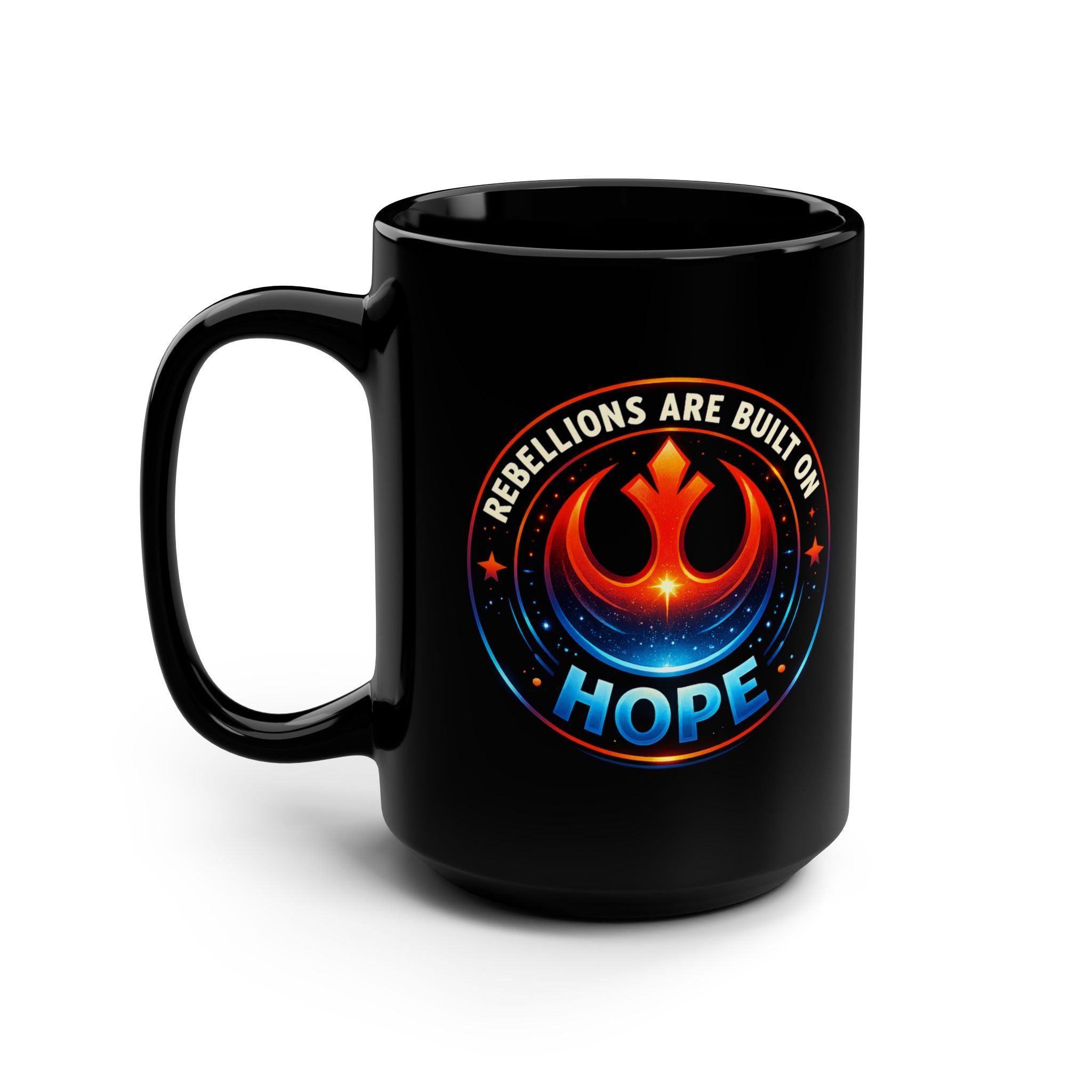 Hope Emblem Mug — Sci Fi Rebellion-Inspired Black Ceramic Coffee Mug - Mutantur Labs LLC
