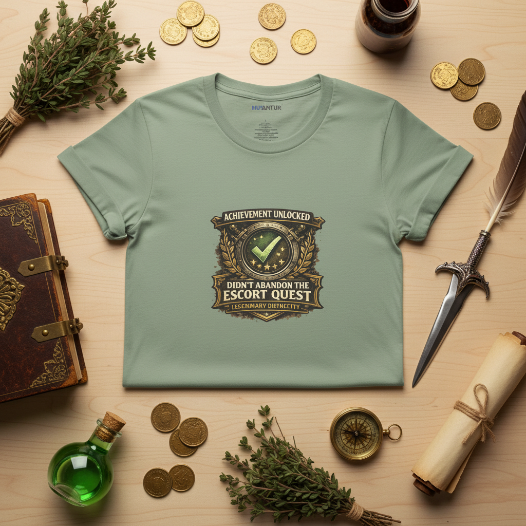Graphic gamer tee printed with "Achievement Unlocked: Didn't Abandon the Escort Quest."