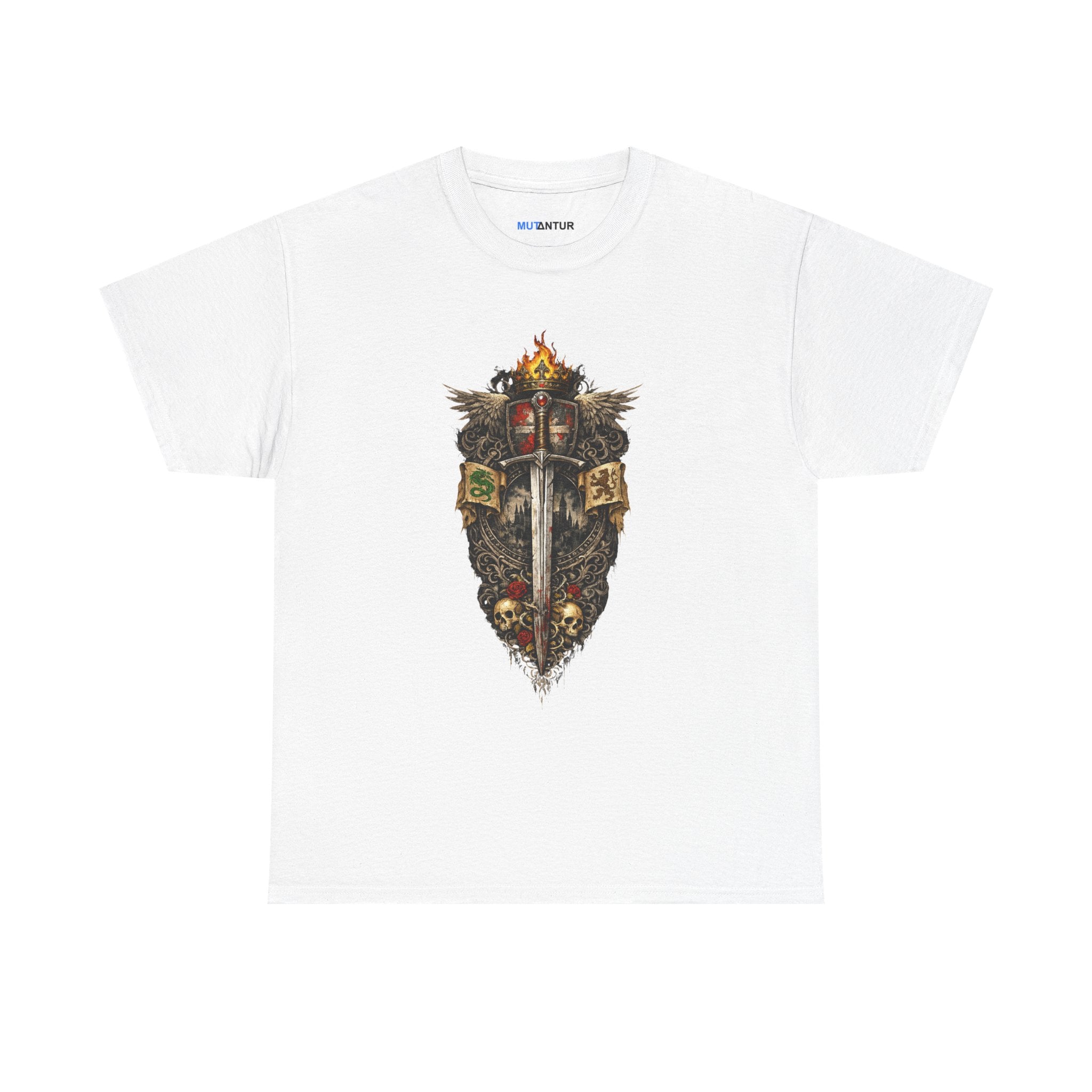 Medieval Sword & Shield T-Shirt — Fantasy Knight Crest Tee - Mutantur Labs LLC