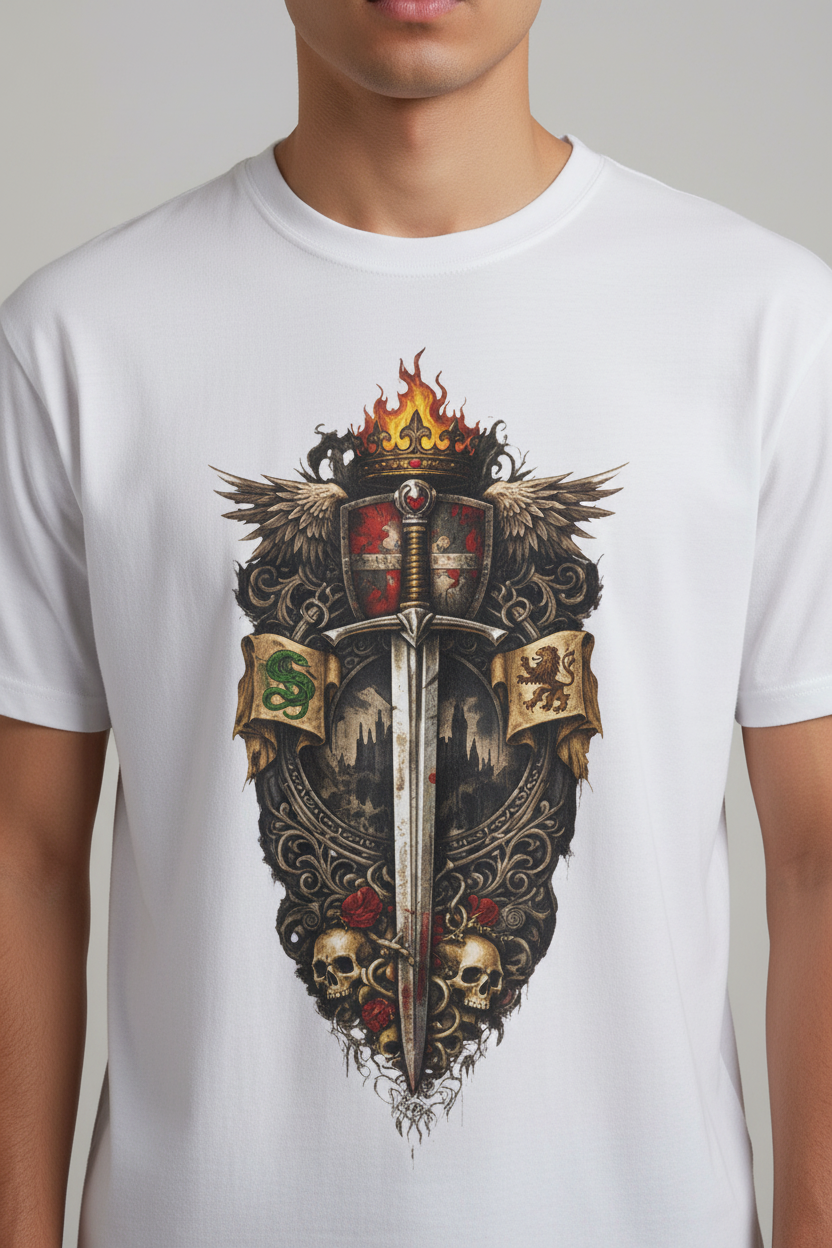 Medieval Sword & Shield T-Shirt — Fantasy Knight Crest Tee - Mutantur Labs LLC