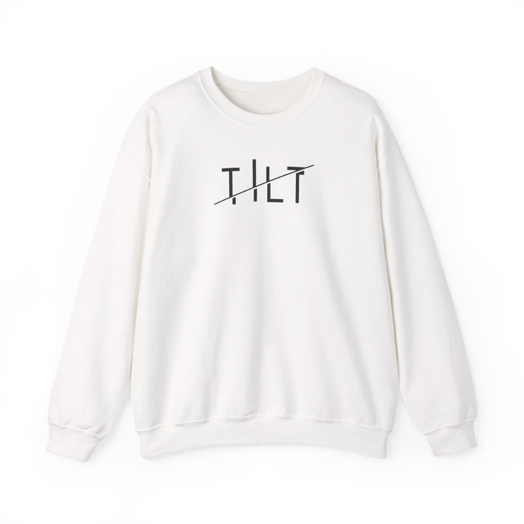 A white crewneck sweatshirt with the word 'TILT' printed in black across the chest, with a diagonal line striking through the letter 'I'.