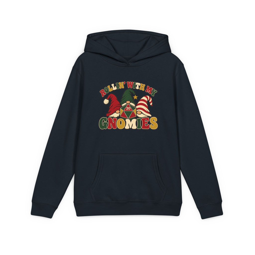 A navy blue pullover hoodie with a colorful graphic on the chest that reads 'ROLLIN' WITH MY GNOMIES' and features cartoon gnomes wearing red, green, and striped hats, shown on a plain white background.