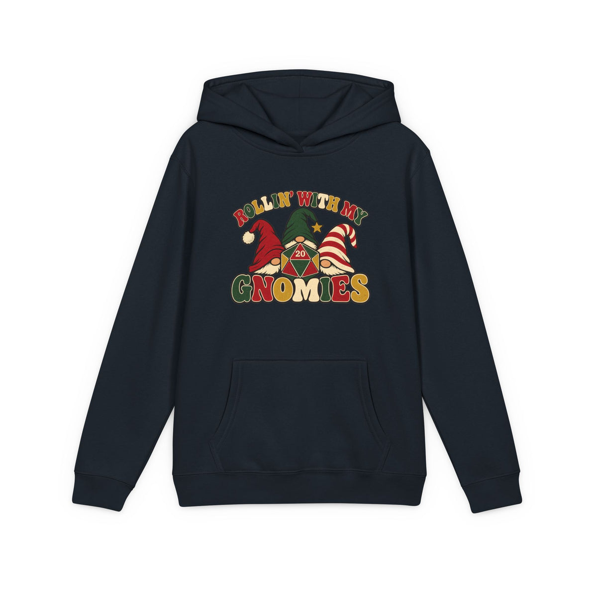 A navy blue pullover hoodie with a colorful graphic on the chest that reads 'ROLLIN' WITH MY GNOMIES' and features cartoon gnomes wearing red, green, and striped hats, shown on a plain white background.