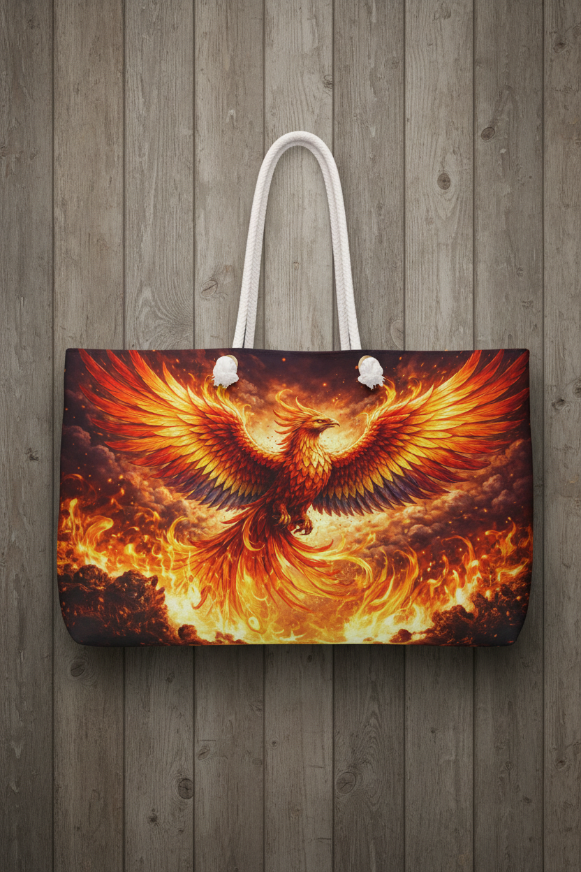 Phoenix Flame fiery bird weekender travel bag, front view