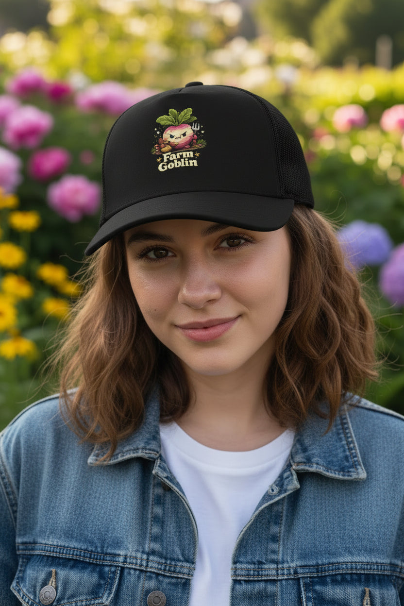 Farm Goblin Trucker Hat | Cute Gardening Snapback | Funny Vegetable Patch Cap - Mutantur Labs LLC
