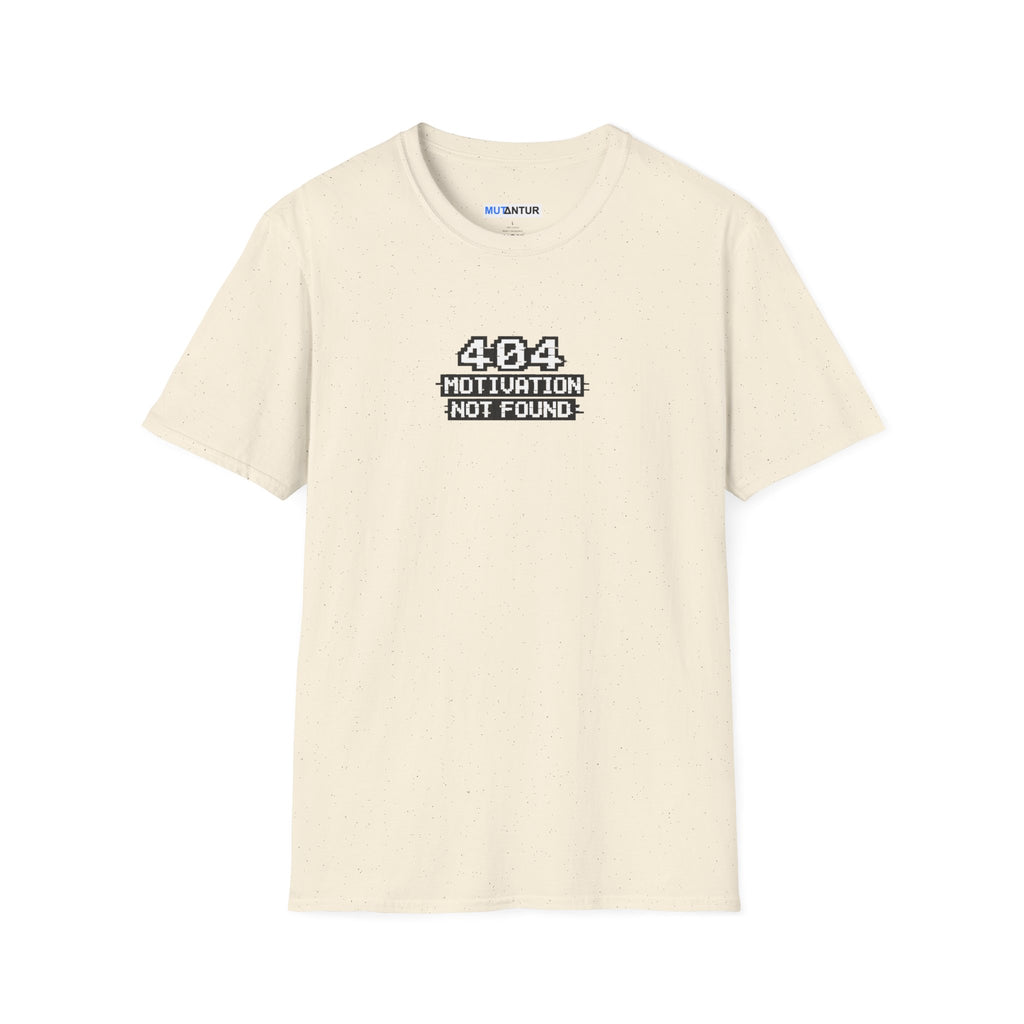 An off-white crewneck t-shirt with a black graphic on the chest that reads '404 MOTION TUNATION NOT FOUND'. The shirt is displayed flat against a solid white background.