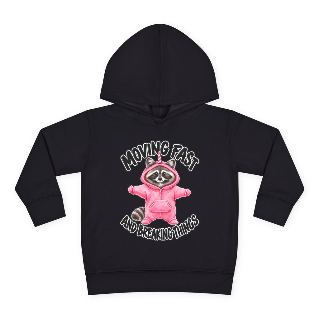 A black kids' pullover hoodie with a graphic of a raccoon in a pink hoodie and the text 'MOVING FAST AND BREAKING THINGS' on the front, shown against a plain white background.