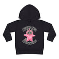 A black kids' pullover hoodie with a graphic of a raccoon in a pink hoodie and the text 'MOVING FAST AND BREAKING THINGS' on the front, shown against a plain white background.