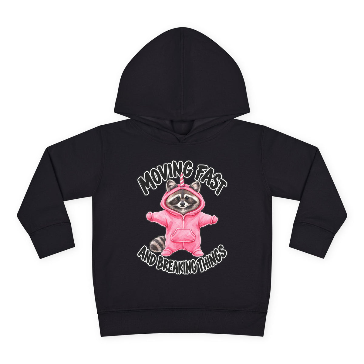 A black kids' pullover hoodie with a graphic of a raccoon in a pink hoodie and the text 'MOVING FAST AND BREAKING THINGS' on the front, shown against a plain white background.