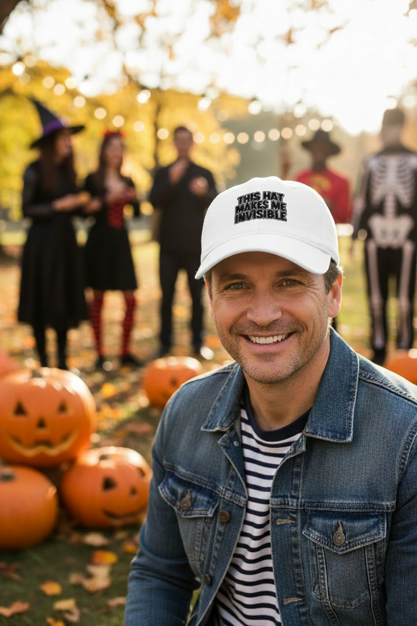 A smiling man in a white baseball cap with the text 'THIS HAT MAKES ME INVISIBLE' wears a denim jacket over a striped shirt, posed outdoors in a Halloween-themed setting with pumpkins and costumed figures in the background.