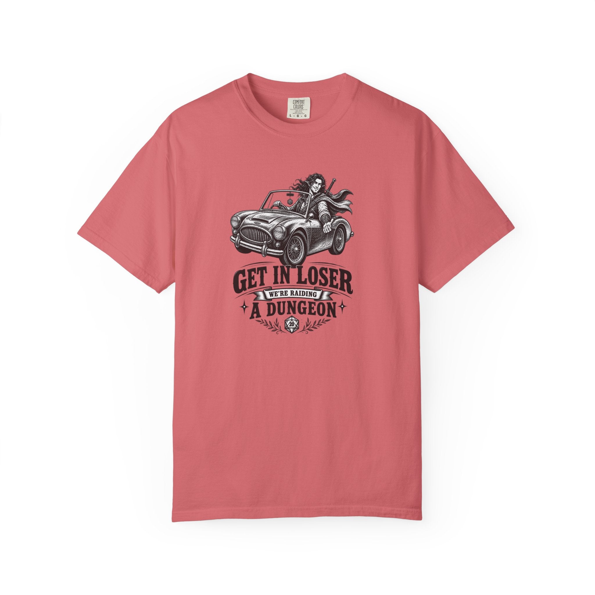 a red t shirt with a black and white design of an elf gamer sitting in a convertible with the word Gei In Loser We're raiding a dungeon  against a white background