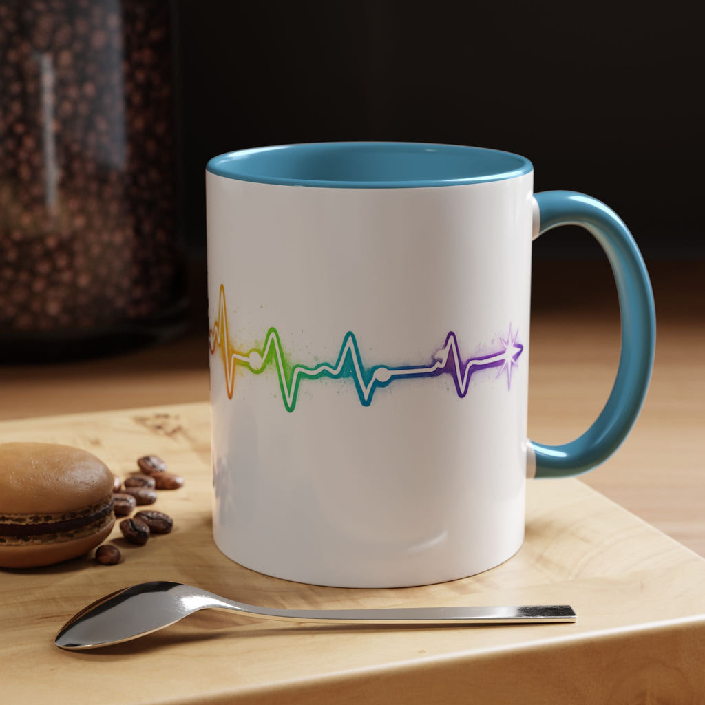 This Coffee Is Holding the Timeline Together rainbow heartbeat mug, flat lay