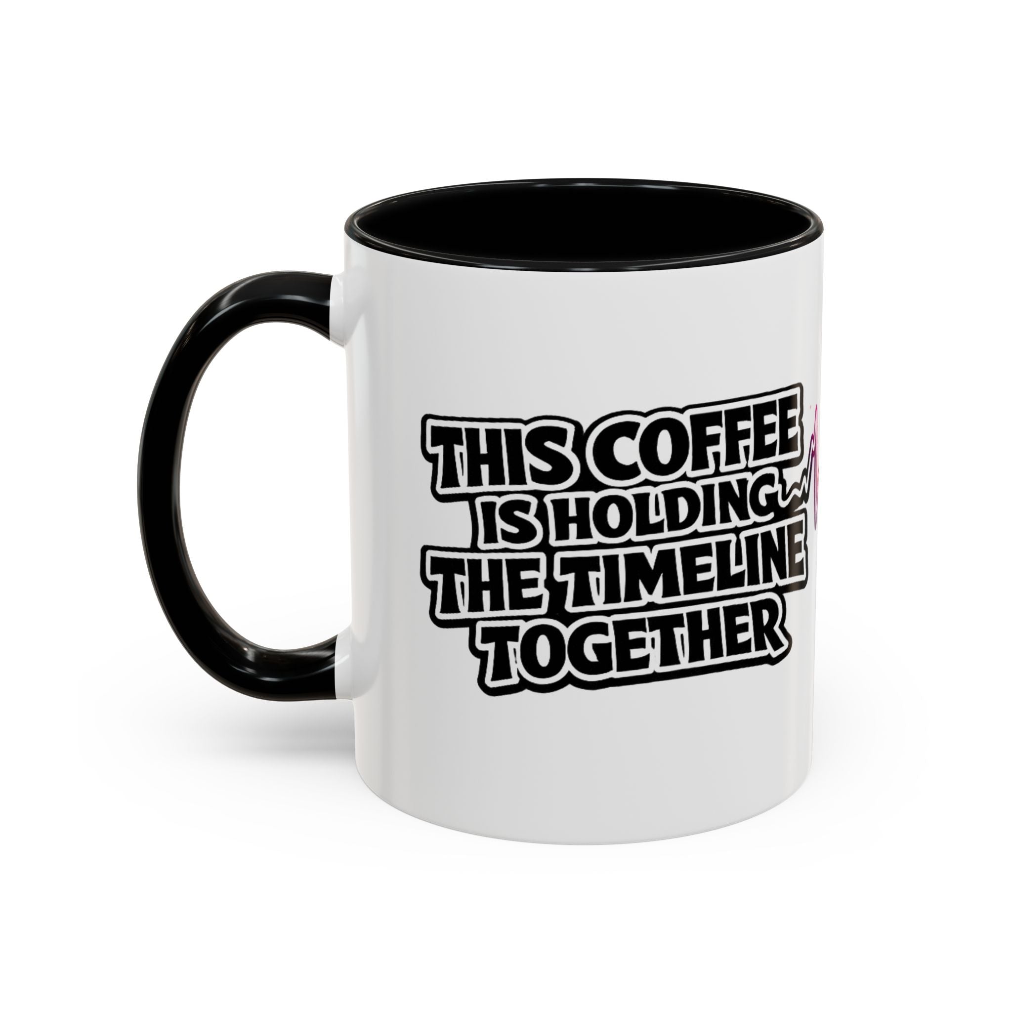 This Coffee Is Holding the Timeline Together rainbow heartbeat mug, close-up of design
