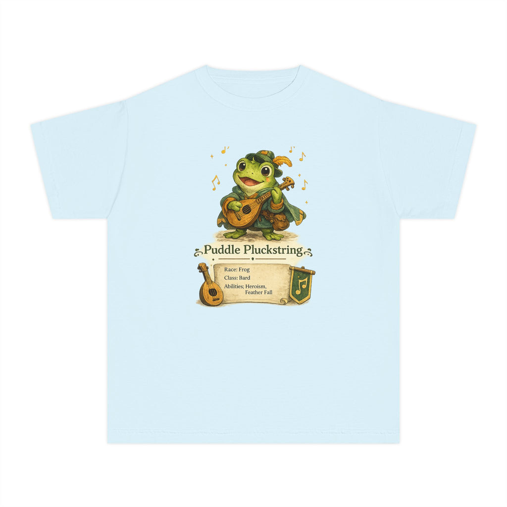 Light blue t-shirt with a frog playing a lute and musical notes on a white background