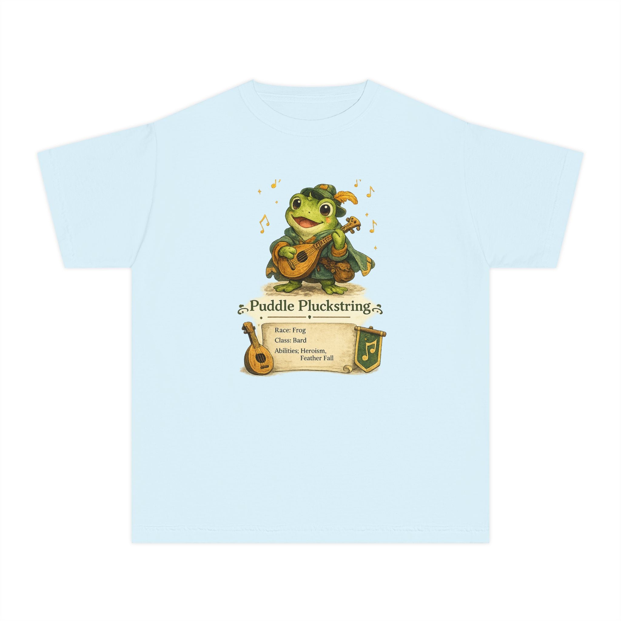 Light blue t-shirt with a frog playing a lute and musical notes on a white background
