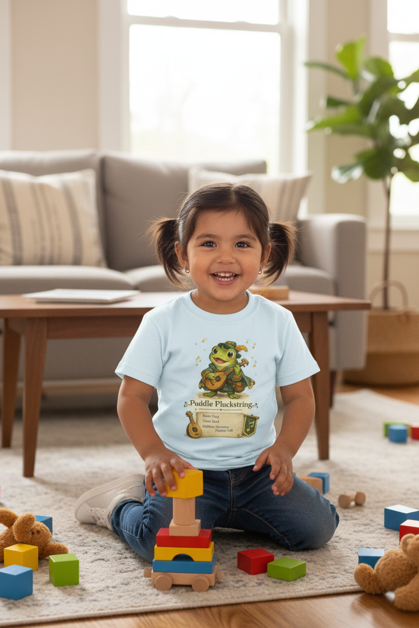 Puddle Pluckstring Frog Bard kids Character Tee