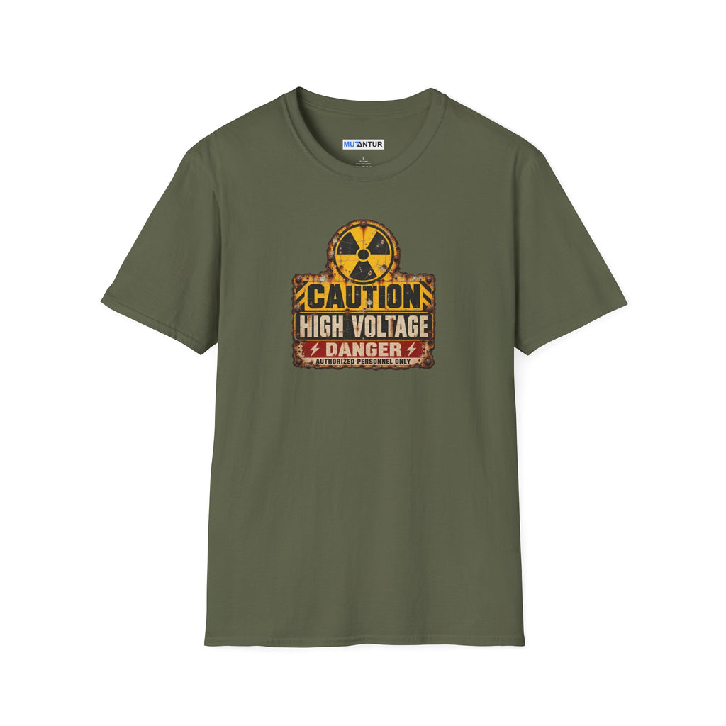  a military green short sleeved  crewneck t shirt with a yellow, black, and CAUTION HIGH VOLTAGE sign design with the word DANGER below against a white background