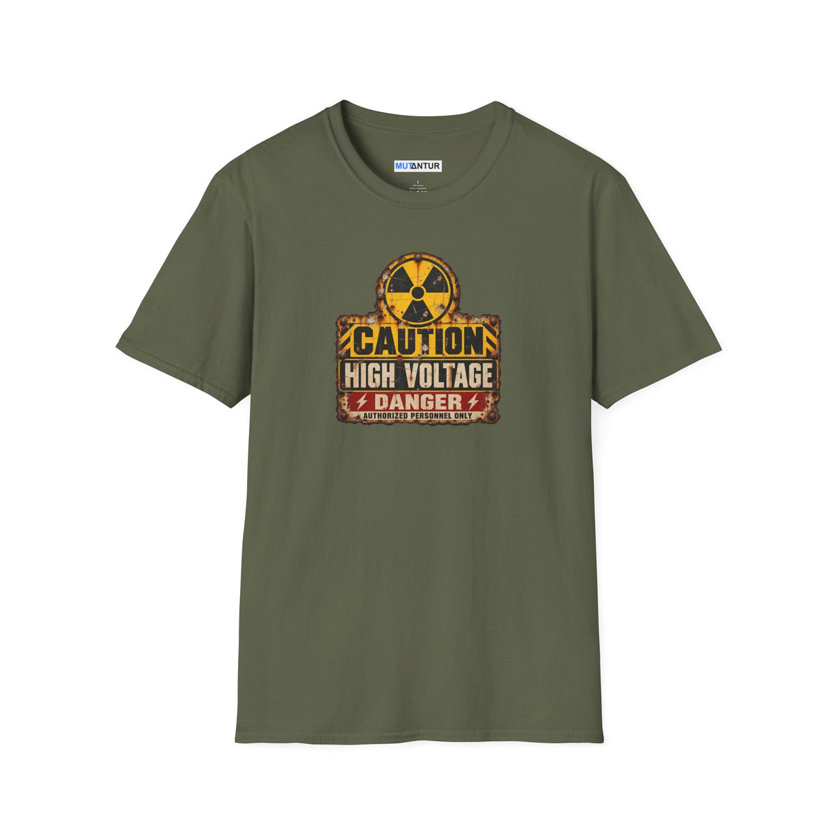  a military green short sleeved  crewneck t shirt with a yellow, black, and CAUTION HIGH VOLTAGE sign design with the word DANGER below against a white background