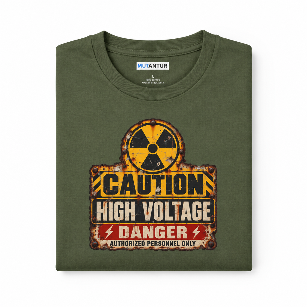 An olive green folded t-shirt with a distressed 'CAUTION HIGH VOLTAGE DANGER' graphic on the front, featuring a yellow and black radiation symbol. The shirt is displayed flat against a clean white background, with the Mutantur brand label visible inside the collar.