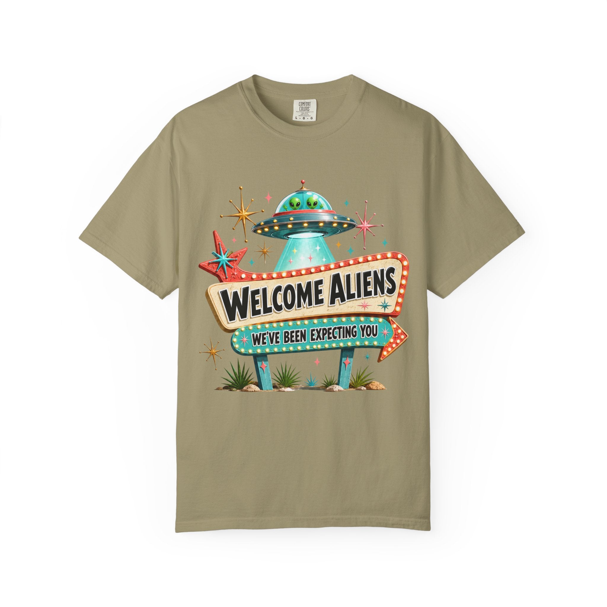 Welcome Aliens retro UFO Las Vegas sign Comfort Colors graphic tee, lifestyle shot