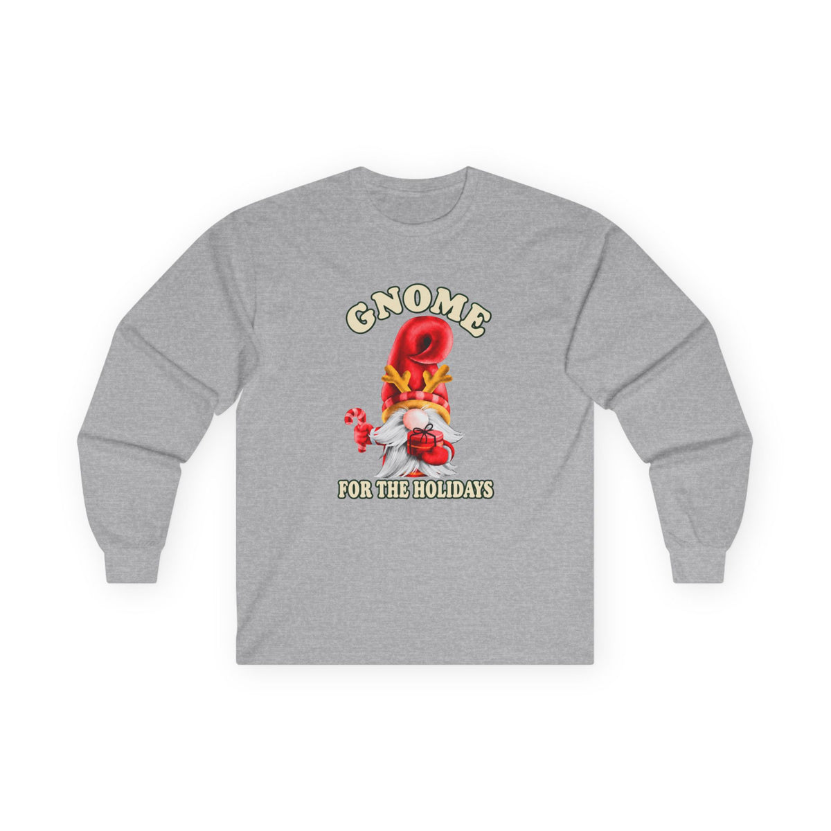 A heather gray long-sleeve t-shirt with a festive gnome graphic on the chest. The graphic features a red hot air balloon, a small red-and-white gnome, and the text 'GNOME FOR THE HOLIDAYS' in yellow and white.