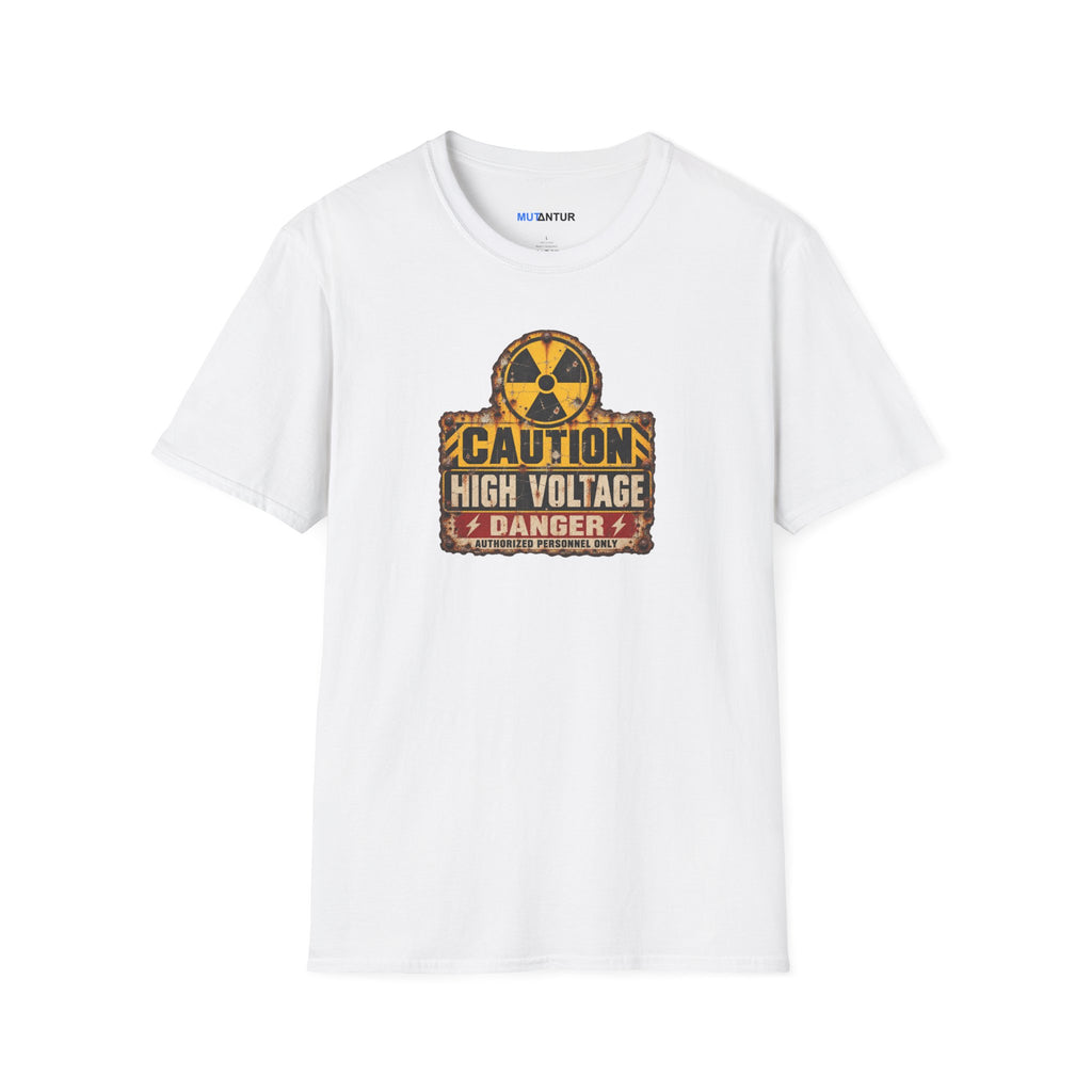  a white crewneck t shirt with a yellow, black, and CAUTION HIGH VOLTAGE sign design with the word DANGER below against a white background