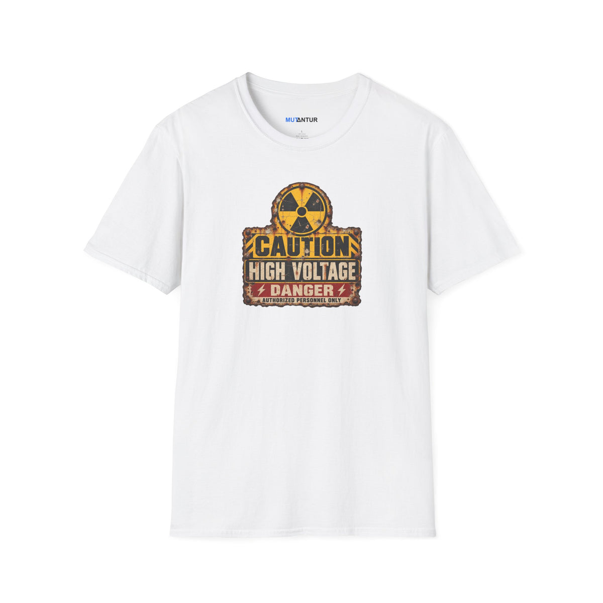  a white crewneck t shirt with a yellow, black, and CAUTION HIGH VOLTAGE sign design with the word DANGER below against a white background