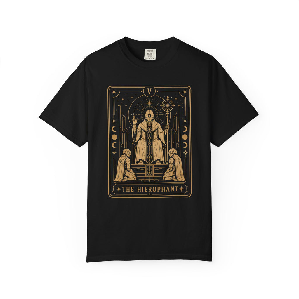 A black Comfort Colors t-shirt featuring The Hierophant from the Future Arcana collection, inspired by The Hierophant tarot card. A futuristic cosmic scholar is framed by celestial Art Deco details in elegant gold line art on a transparent background.