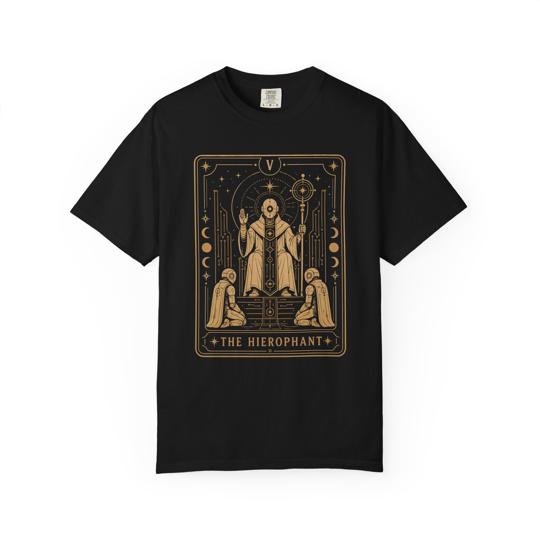 A black Comfort Colors t-shirt featuring The Hierophant from the Future Arcana collection, inspired by The Hierophant tarot card. A futuristic cosmic scholar is framed by celestial Art Deco details in elegant gold line art on a transparent background.