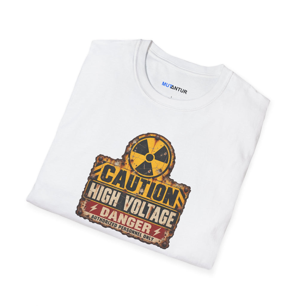 A folded white t-shirt with a distressed yellow, black, and red 'High Voltage' warning sign graphic on the front, displayed on a clean white background.