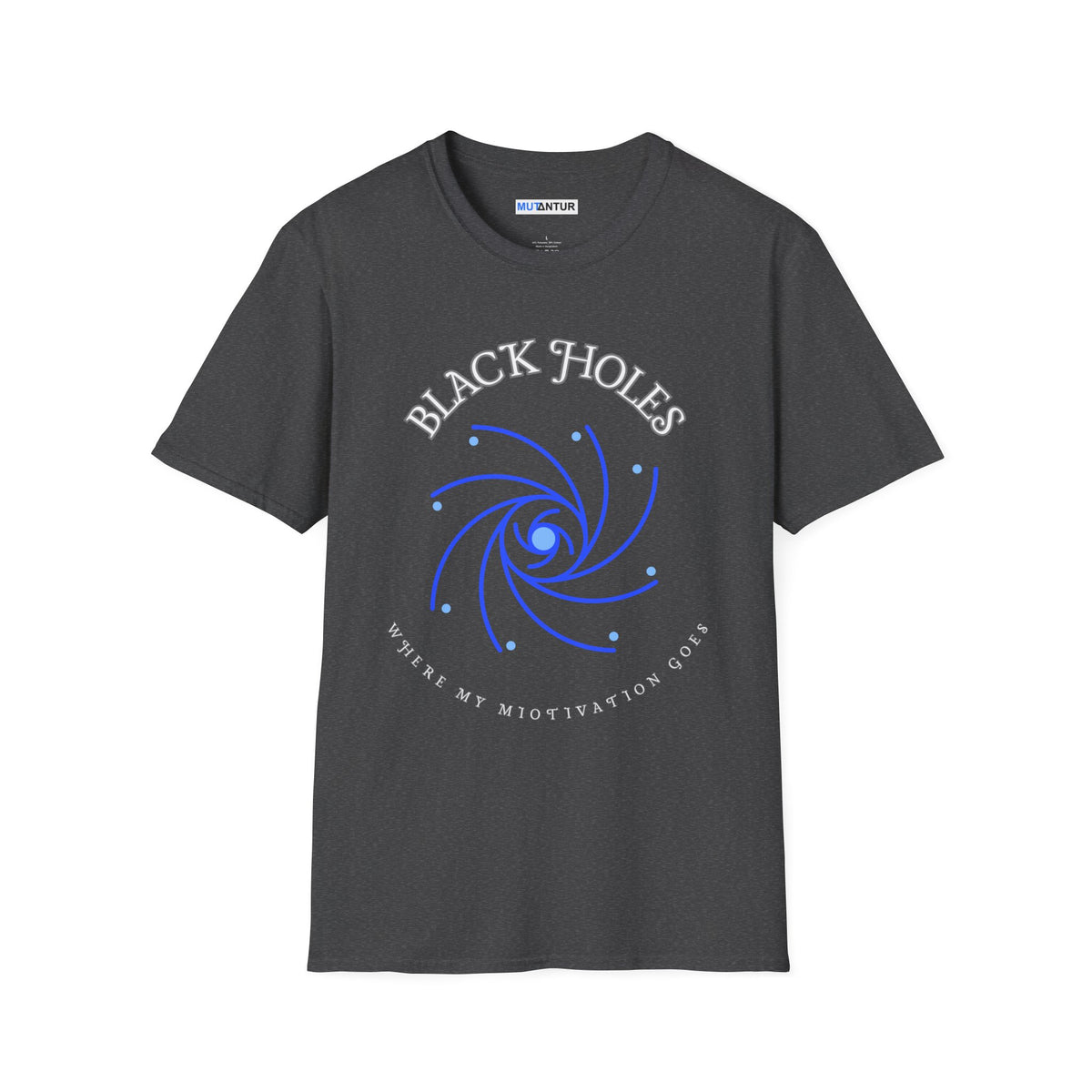 Black Holes Where My Motivation Goes celestial spiral graphic tee in heather charcoal, front view