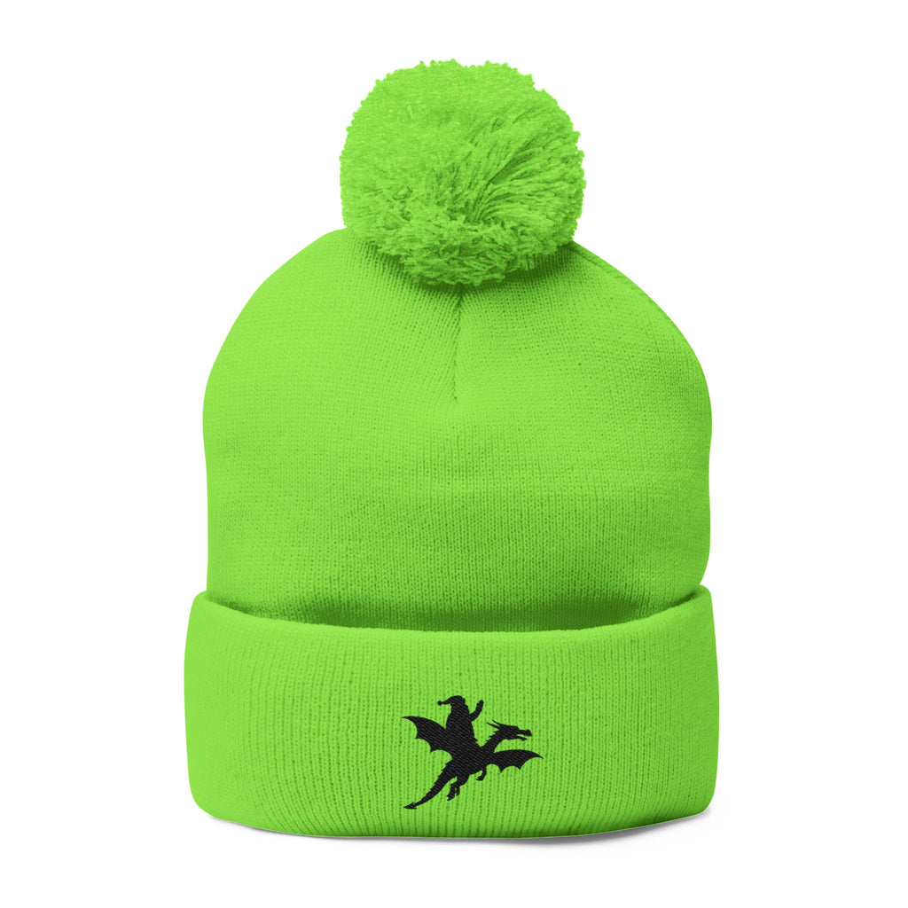 Santa on a Dragon Embroidered Pom-Pom Beanie | Knit Cap - Mutantur Labs LLC