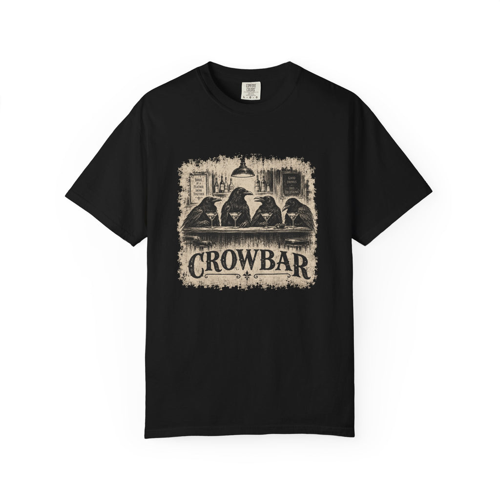 A black short-sleeve crewneck t-shirt featuring a distressed vintage-style graphic of three crows sitting at a bar with the word 'CROWBAR' printed below, displayed against a solid white background.