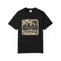 A black short-sleeve crewneck t-shirt featuring a distressed vintage-style graphic of three crows sitting at a bar with the word 'CROWBAR' printed below, displayed against a solid white background.