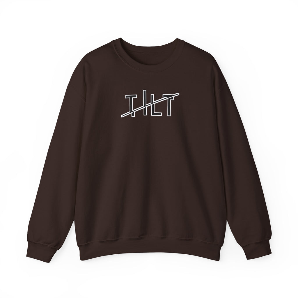 A brown sweatshirt with a stylized graphic off-set text that says TILT against  a white background
