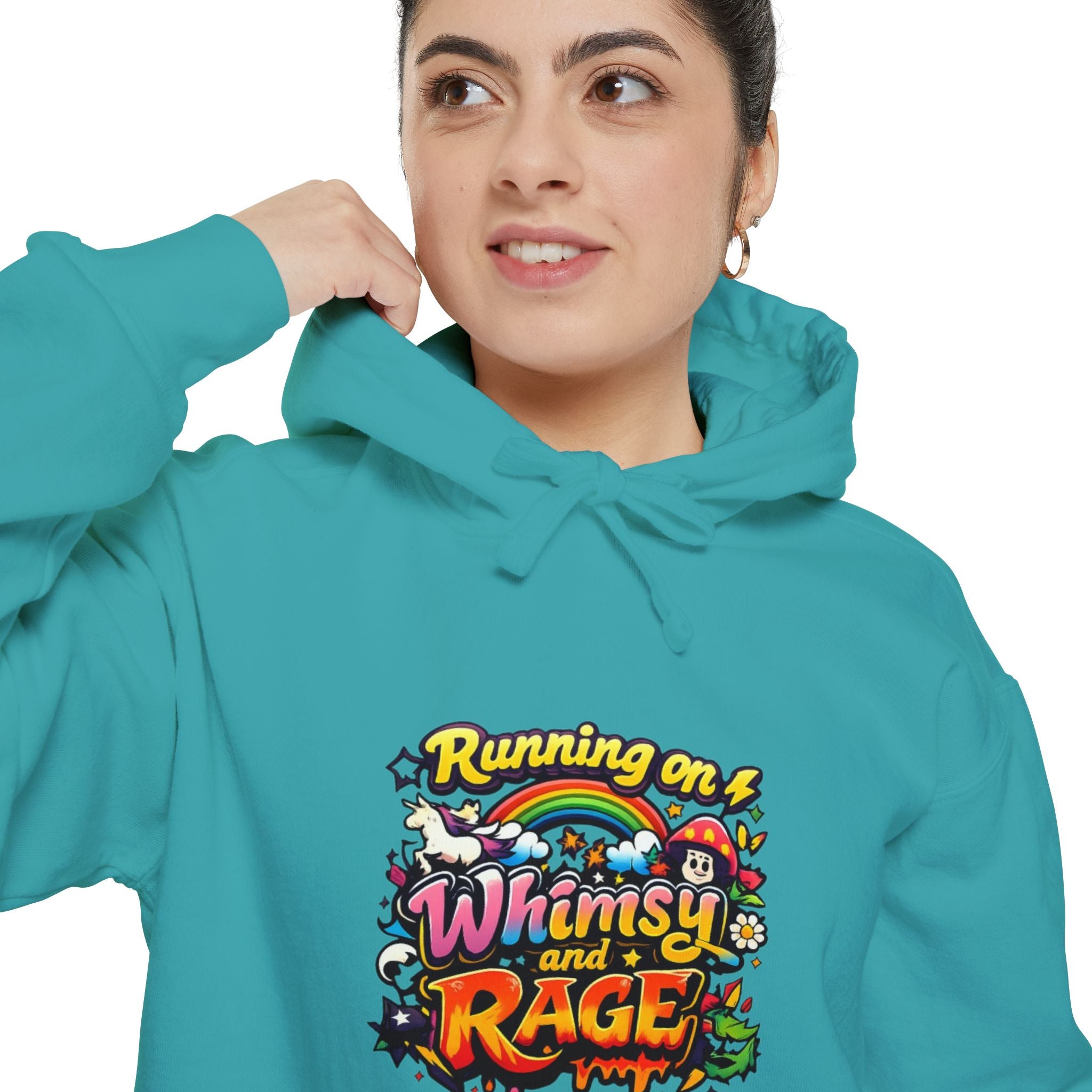 Hoodie — "Running on a Whimsy and Rage" Colorful Graphic Pullover