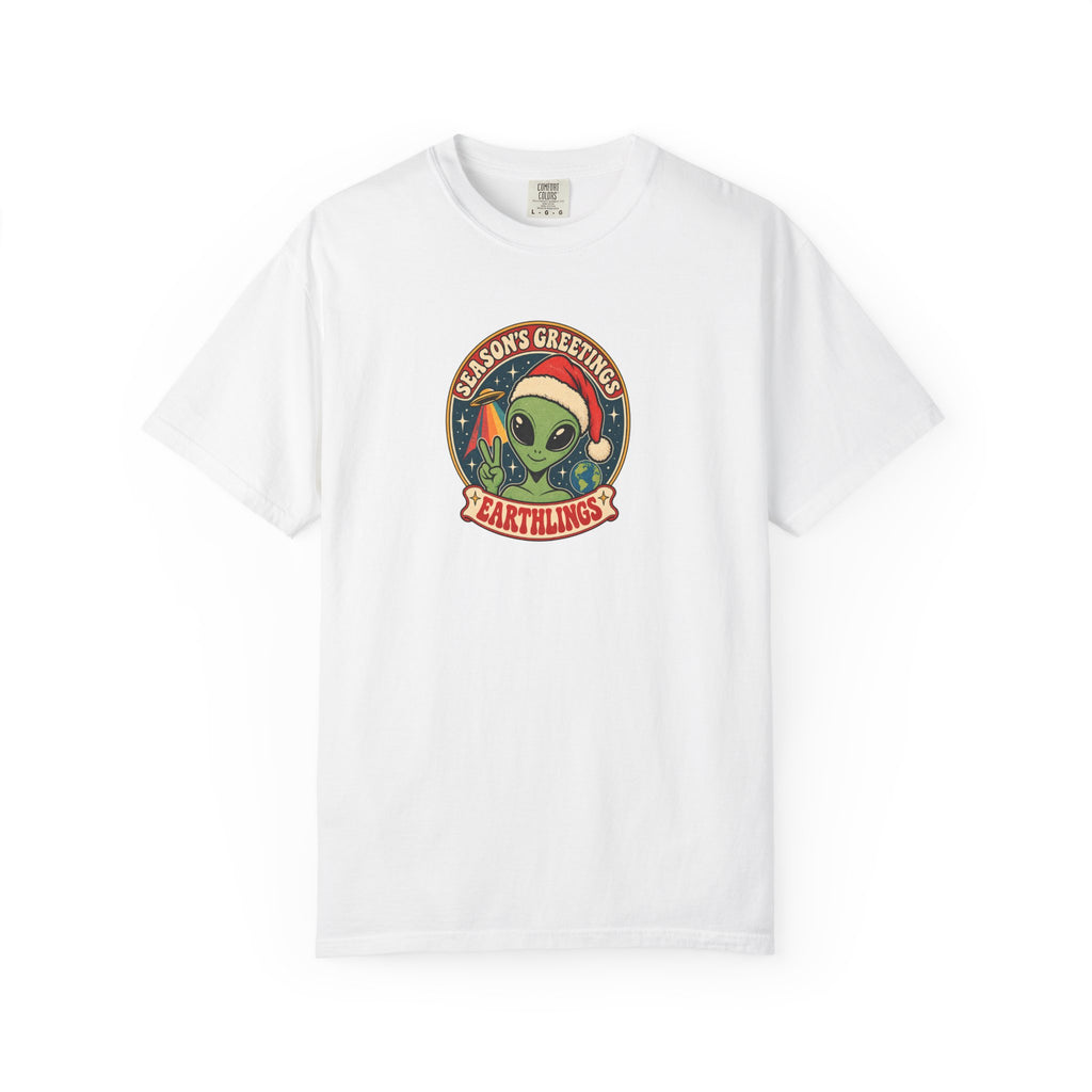 Alien Holiday T‑Shirt — "Season's Greetings Earthlings" Retro Graphic Comfort Colors Tee