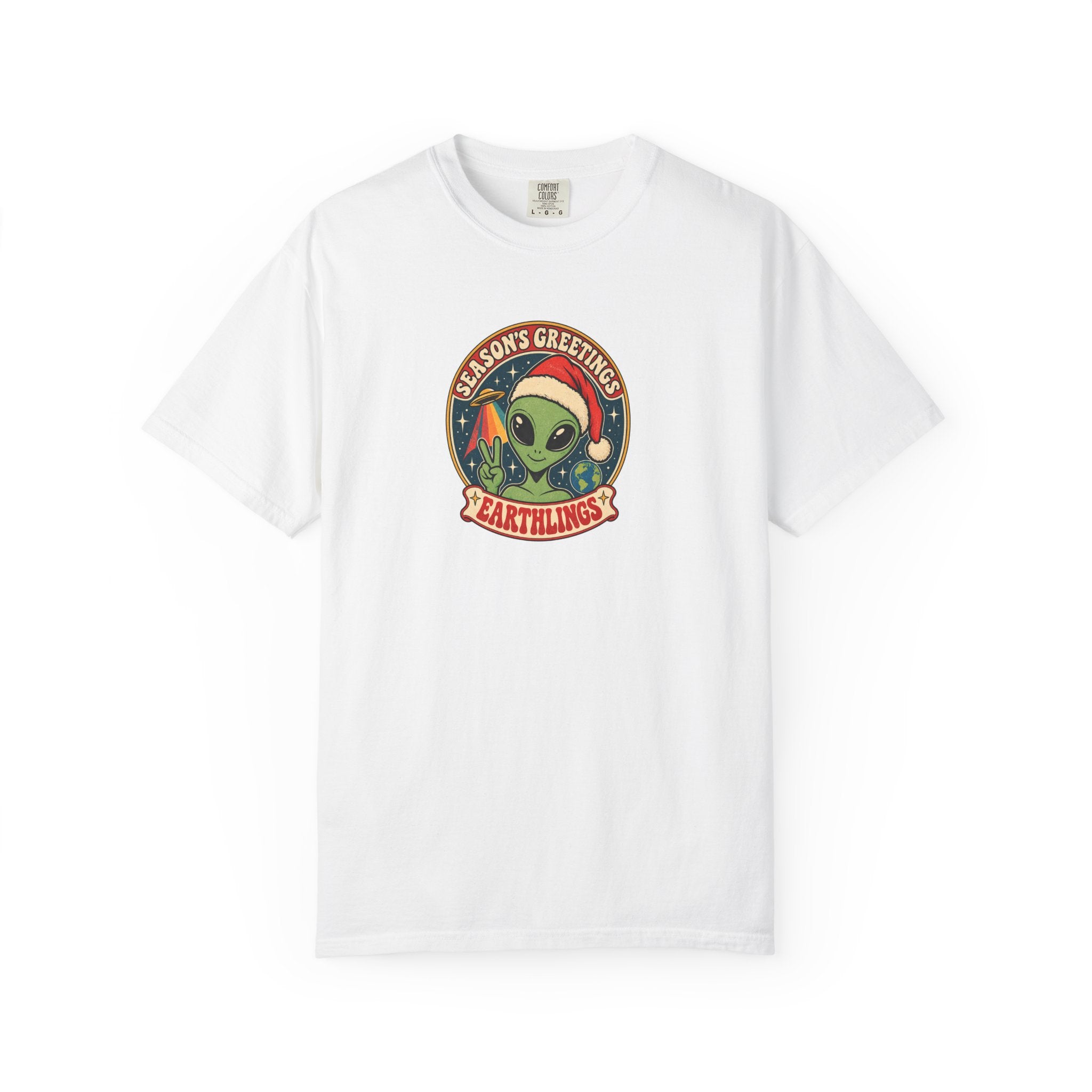 Alien Holiday T‑Shirt — "Season's Greetings Earthlings" Retro Graphic Comfort Colors Tee